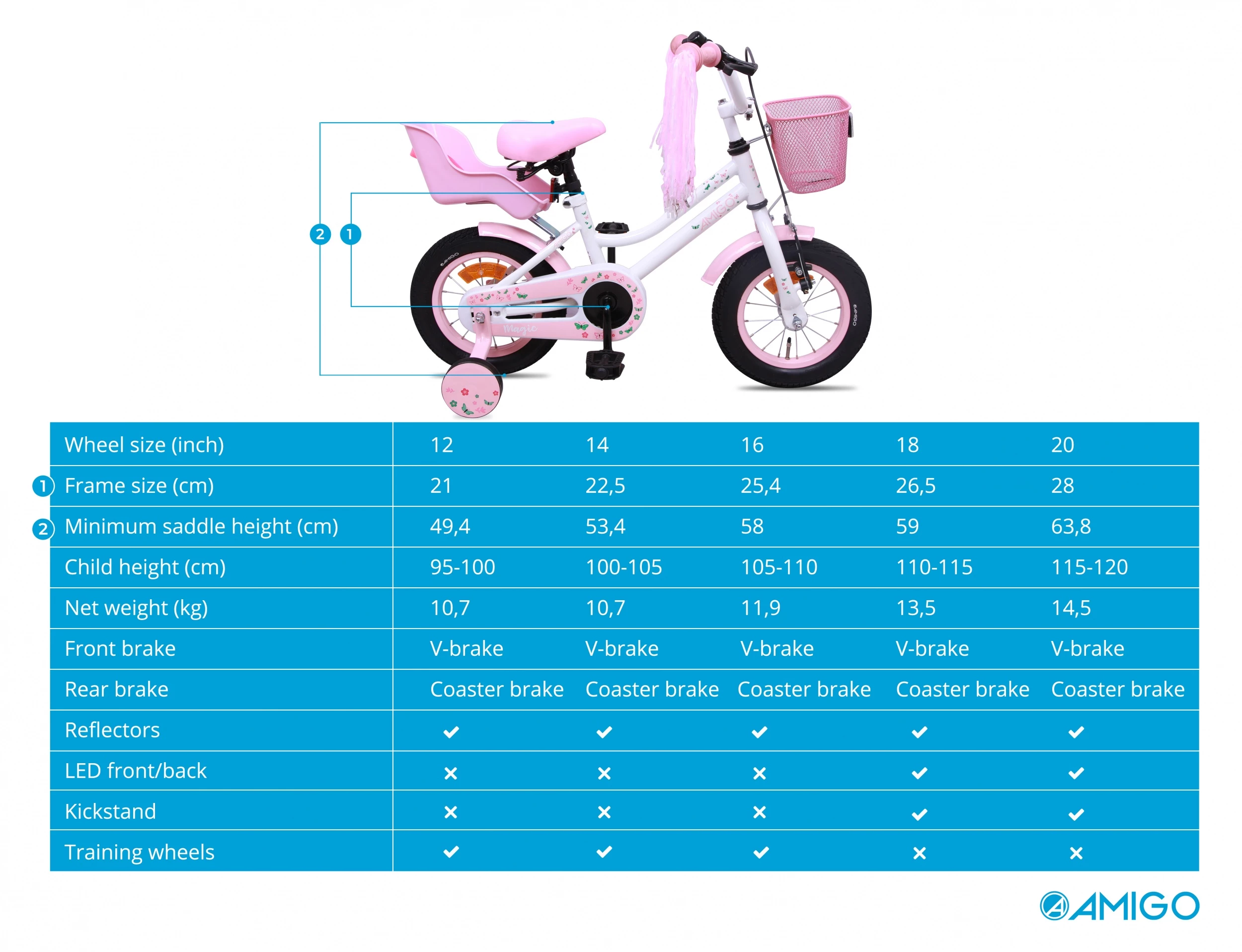 AMIGO Magic 14 Zoll Mädchen Rücktrittbremse Weiß – Bild 8